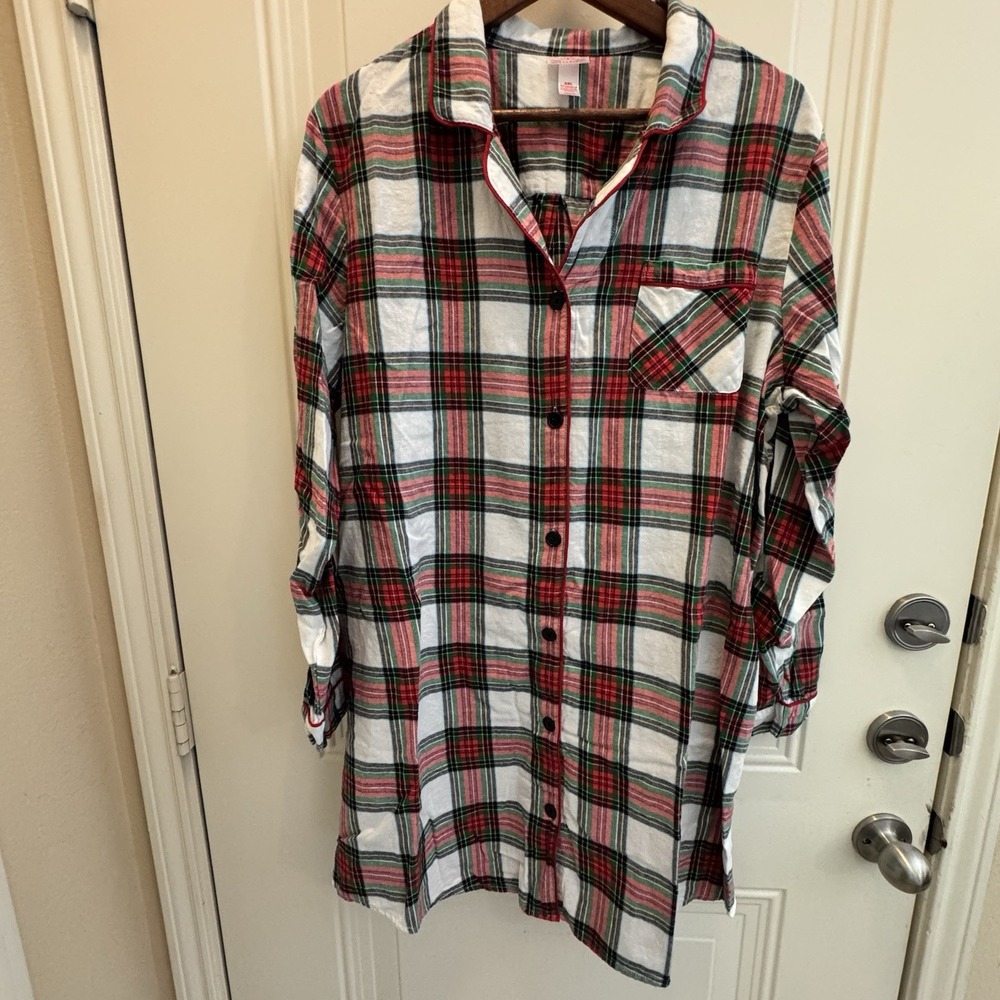 Wondershop‎ Ladies Red Plaid Pajama Shirt Dress Size XXL Button Up 100% Cotton
